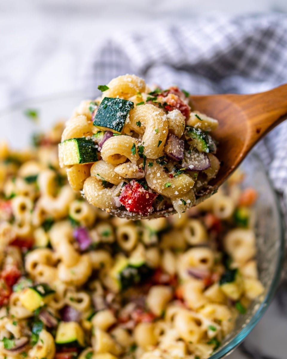 A close-up view shows a wooden spoon lifting a serving of small tube-shaped pasta mixed with colorful diced vegetables including green zucchini, red bell peppers, and purple onions, all sprinkled with finely chopped herbs and a light dusting of grated cheese. The pasta has a soft, creamy yellow color and is well combined with the fresh vegetables that add vibrant greens, reds, and purples to the composition. The background reveals more of the same pasta salad in a clear bowl set on a white marbled surface, with a blurred white and gray checkered cloth behind it. The image captures the dish's layered textures and bright colors clearly, photo taken with an iphone --ar 4:5 --v 7