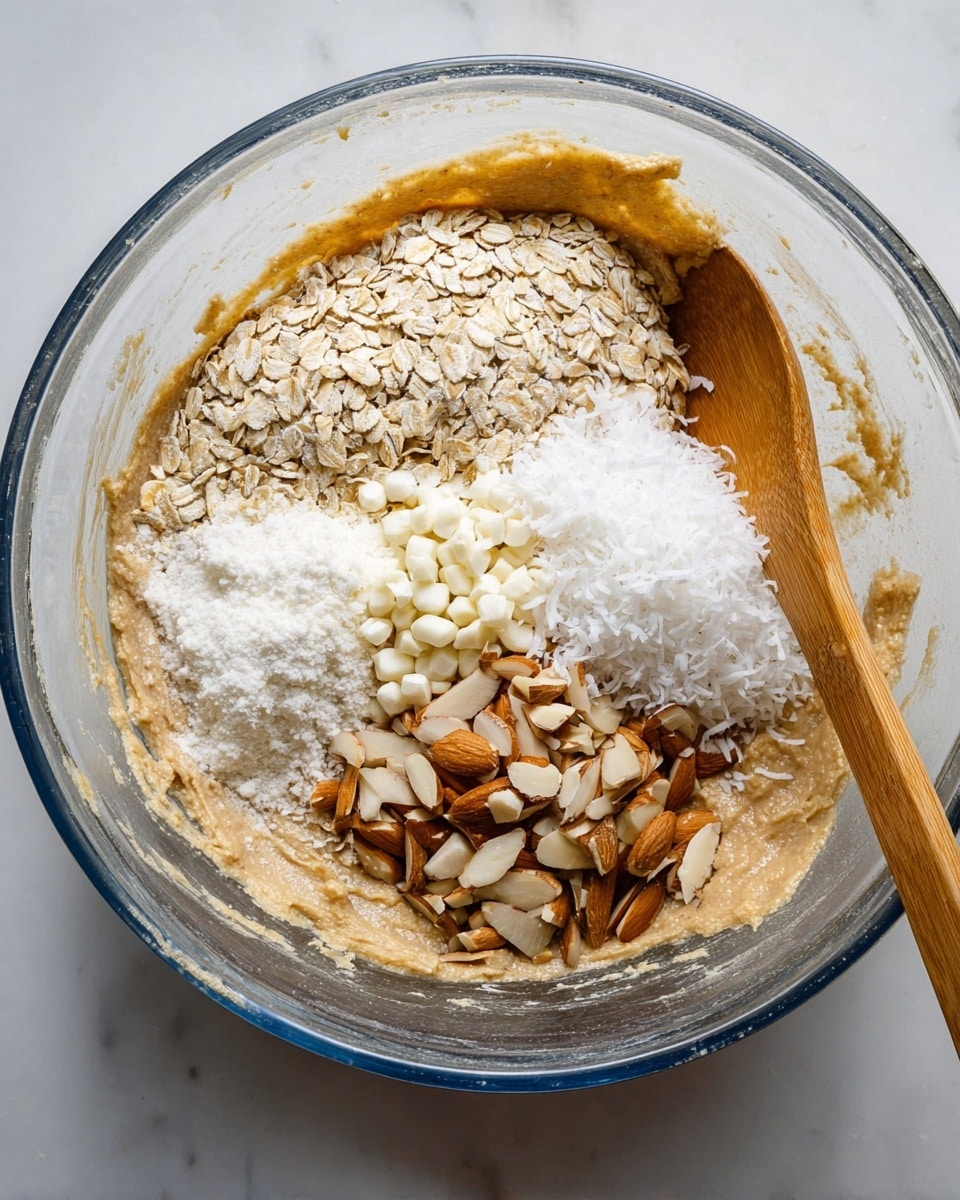 A clear glass mixing bowl sits on a white marbled surface, filled with a creamy light brown dough covering about half of the bowl. On top of the dough are four distinct layers: a heap of light beige rolled oats on the upper left, a pile of shredded white coconut just below the oats, a cluster of small white chocolate chips to the bottom left, and a mound of thinly sliced almonds with brown edges to the bottom right. A wooden spoon with a smooth texture leans inside the bowl, resting on the dough near the oats. Photo taken with an iphone --ar 4:5 --v 7