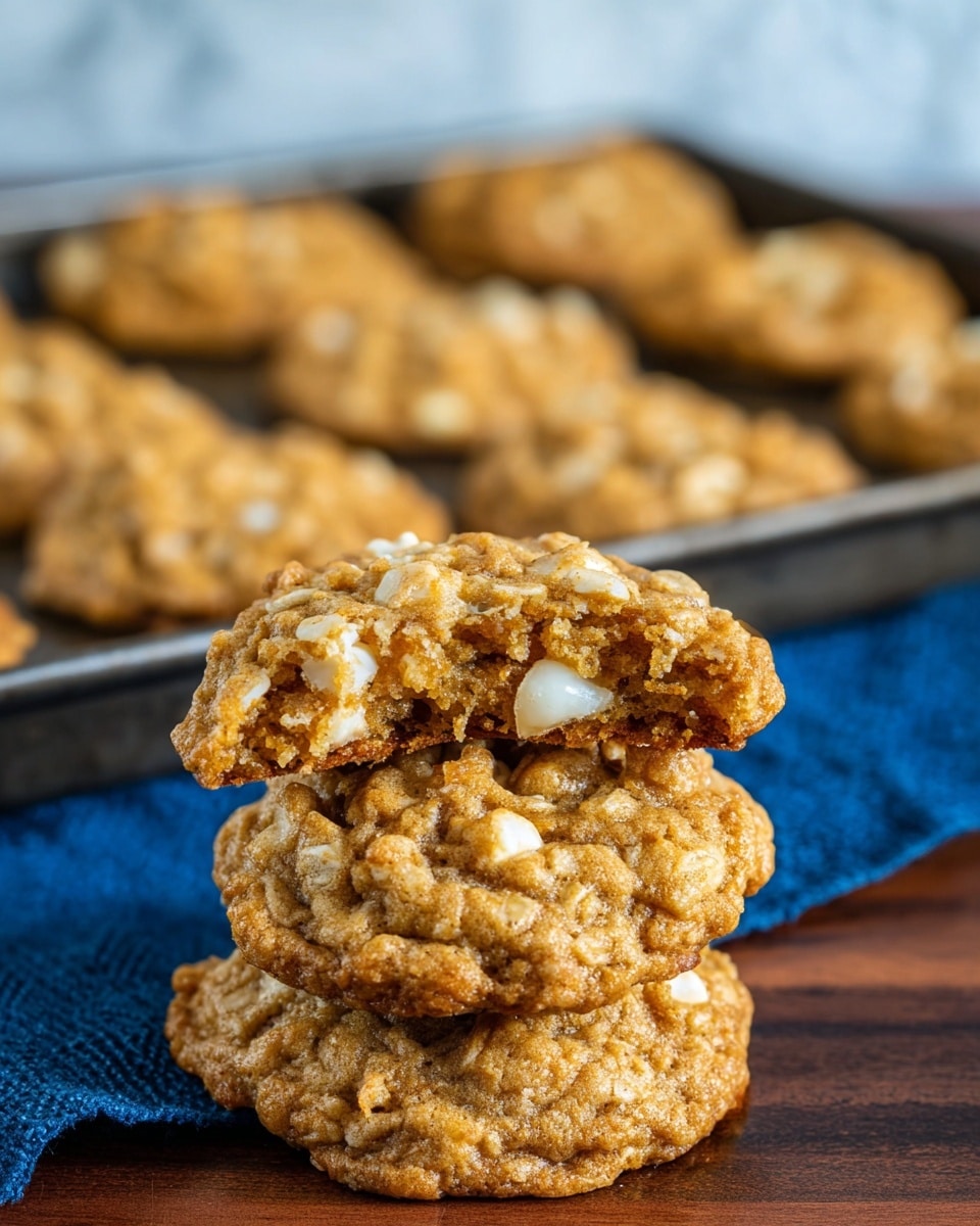 The image shows a stack of three golden brown oatmeal cookies with visible white chunks of nuts or white chocolate inside. The top cookie is slightly broken, revealing a soft and chewy inside with bits of oats and nuts. The cookies have a rough, textured surface with a slightly crisp edge. Behind the stack, more cookies are laid out on a baking tray, slightly blurred. The scene sits on a dark wooden surface with a blue cloth under the tray and a white marbled textured background. Photo taken with an iphone --ar 4:5 --v 7
