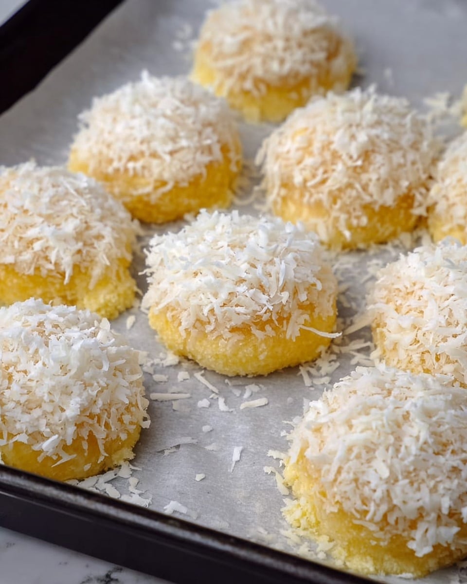 The image shows several round treats on baking paper inside a tray. Each treat has two layers: the bottom layer is golden yellow with a smooth, slightly shiny surface, and the top layer is thickly covered with white shredded coconut, giving them a fluffy, textured look. The treats are closely placed next to each other, and all rest on the white marbled texture of the background under the tray. photo taken with an iphone --ar 4:5 --v 7