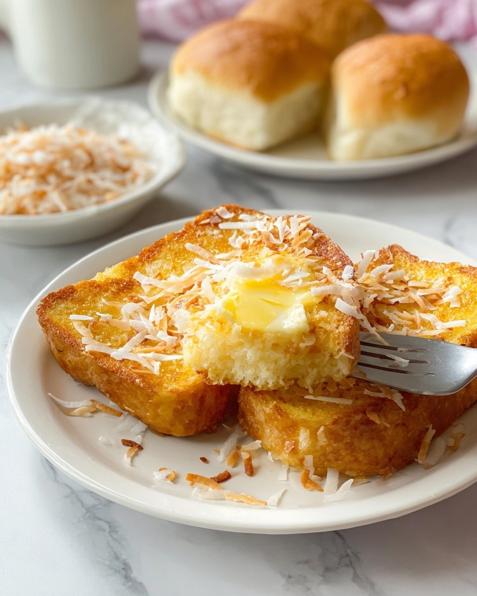 The image shows a close-up of a white plate with three pieces of golden-brown fried toast topped with melted butter and scattered shredded coconut. The toast looks crispy with a crunchy texture on top. A silver fork is placed on the plate, lifting up one piece of the toast. In the background, there is another white plate with two soft bread rolls, and a third white plate holds more shredded coconut. All plates sit on a white marbled surface, giving a clean, bright setting. Photo taken with an iphone --ar 4:5 --v 7