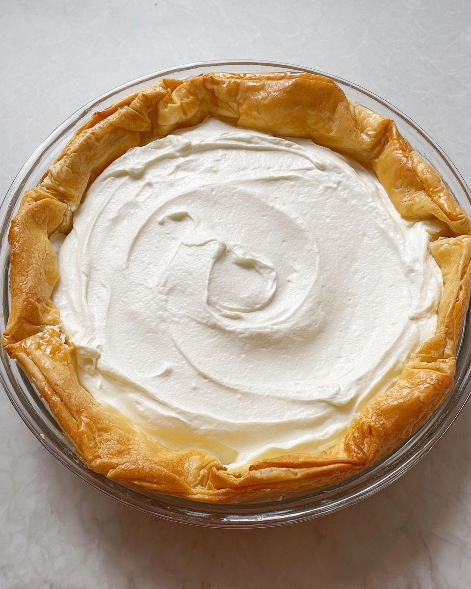 A clear glass pie dish holds a two-layer dessert, starting with a thick, golden-brown puff pastry crust that is unevenly folded along the edges with soft, flaky texture. On top of this crust is a smooth, thick layer of white cream filling that spreads evenly across the whole pie, with gentle swirls visible on the surface. The pie is placed on a white marbled textured surface. photo taken with an iphone --ar 4:5 --v 7