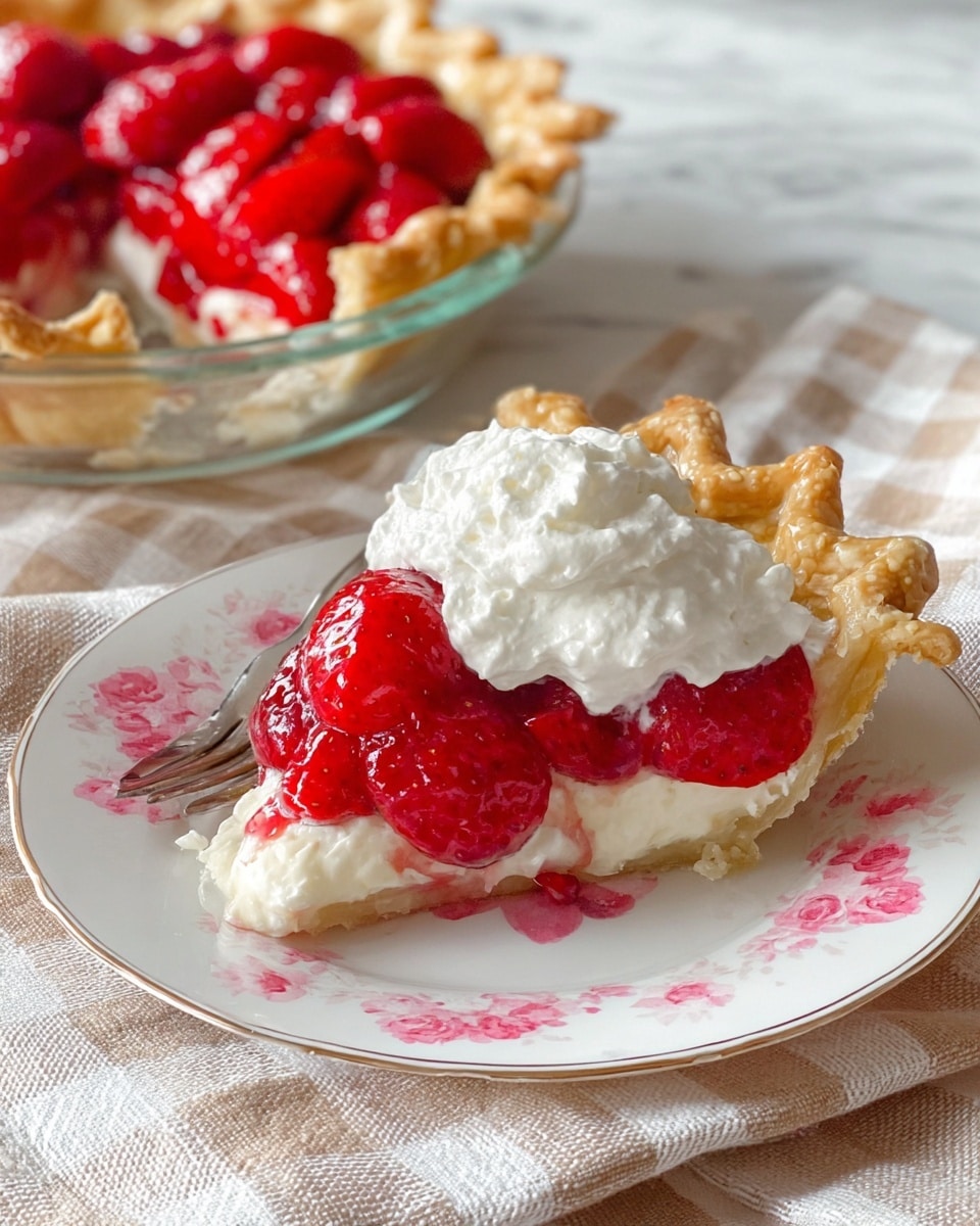 The image shows a slice of strawberry pie on a white plate with a pink floral pattern, placed on a beige and white checkered cloth. The pie has three visible layers: a golden, flaky crust on the bottom and edges, a thick white creamy layer in the middle, and large, shiny bright red strawberries piled on top. The strawberries are covered with a dollop of white whipped cream on top. In the background, there is a glass pie dish with the rest of the strawberry pie visible. The scene is set on a white marbled surface. Photo taken with an iphone --ar 4:5 --v 7