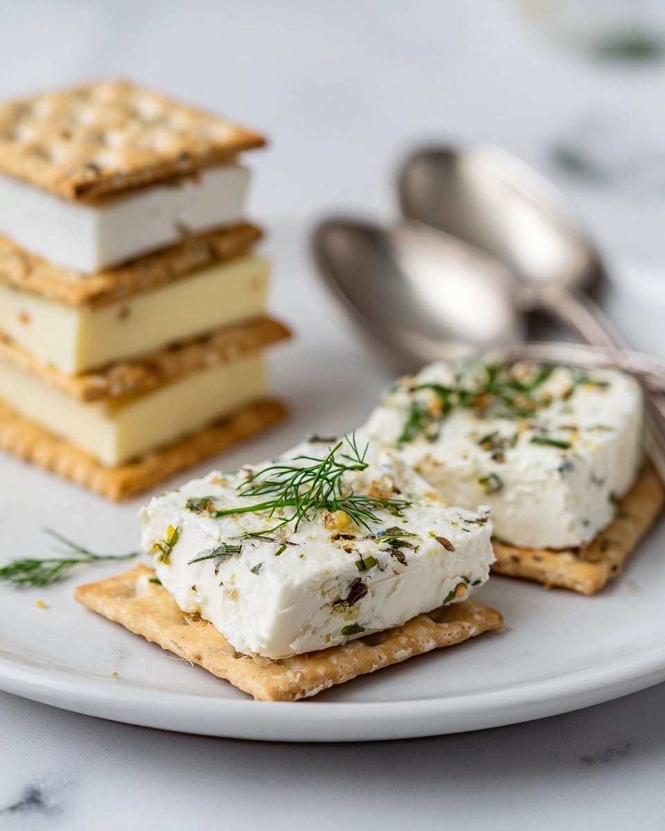 The image shows a white plate on a white marbled surface with several square wheat crackers. On the front cracker, there is one layer of soft white cheese sprinkled with green herbs and seasoning, topped with small sprigs of fresh dill. Behind it, there is a stack of three crackers with three layers of cheese; the top and bottom cheeses are white with herbs and seasoning, and the middle layer is a pale yellow cheese. Two metal spoons are placed on the plate in the background. Photo taken with an iphone --ar 4:5 --v 7