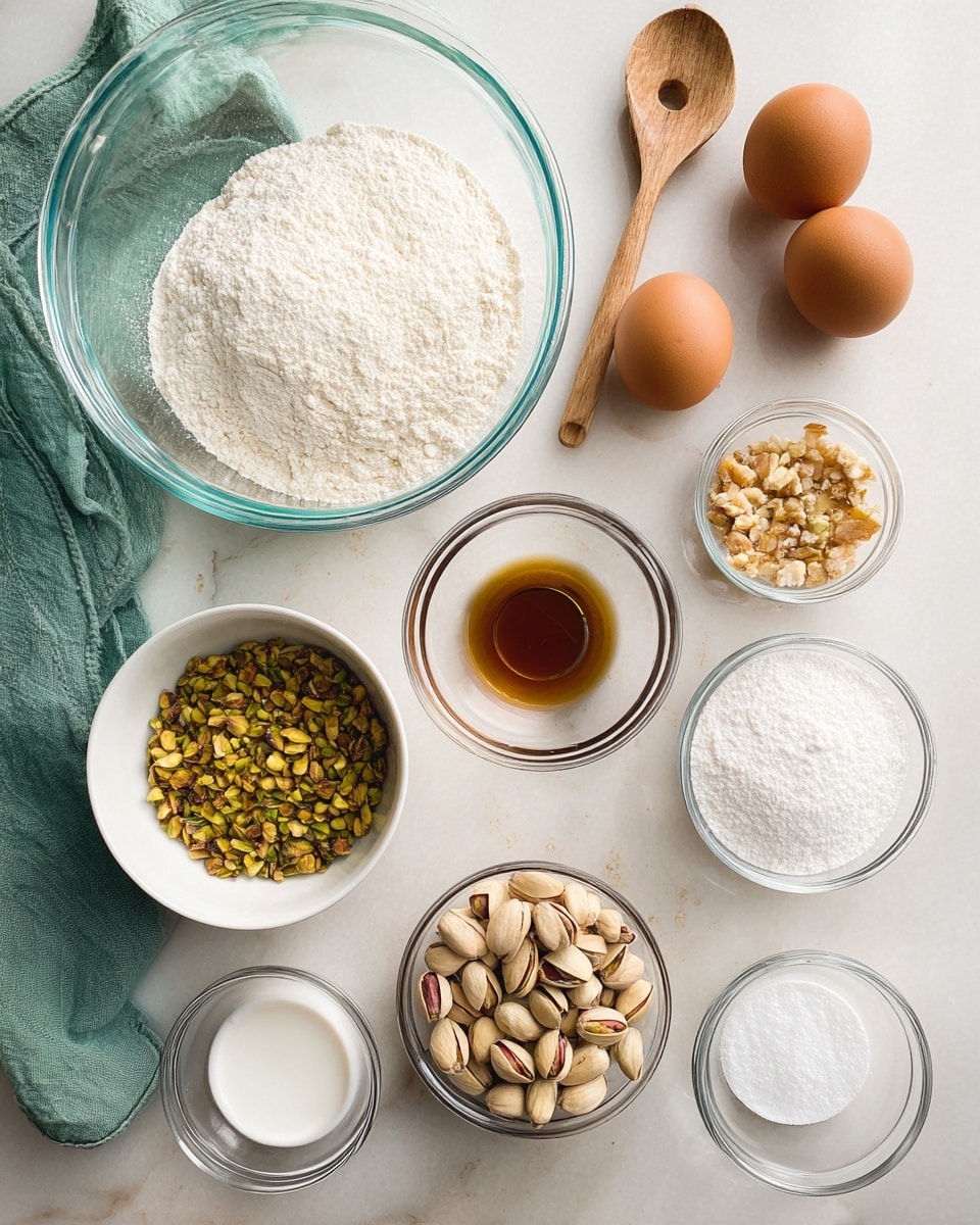 The image shows a top view of various baking ingredients arranged on a white marbled surface. There is one large empty clear glass bowl with a green cloth inside on the left, followed by a white bowl filled with white flour below it. To the right are three brown eggs in a clear glass bowl, a white bowl filled with white sugar, a clear bowl with whole pistachio nuts, a clear bowl with chopped pistachio nuts, a small clear bowl with vanilla extract, a small clear bowl with white salt, and another small clear bowl with white baking powder. A wooden spoon with a round hole is placed near the top edge of the image. Photo taken with an iphone --ar 4:5 --v 7