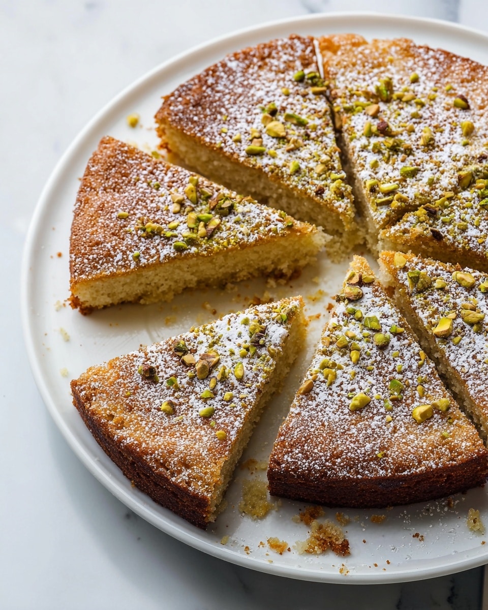 A round cake with a golden-brown crust is shown sliced into six pieces on a white plate set on a white marbled surface. The cake’s top layer is sprinkled with powdered sugar and small chopped nuts, mostly pistachios, that add a textured green and brown detail. One slice is slightly pulled out from the circle, revealing the soft, pale yellow inside with a moist crumb texture. Crumbs are scattered around the edges on the plate. Photo taken with an iphone --ar 4:5 --v 7