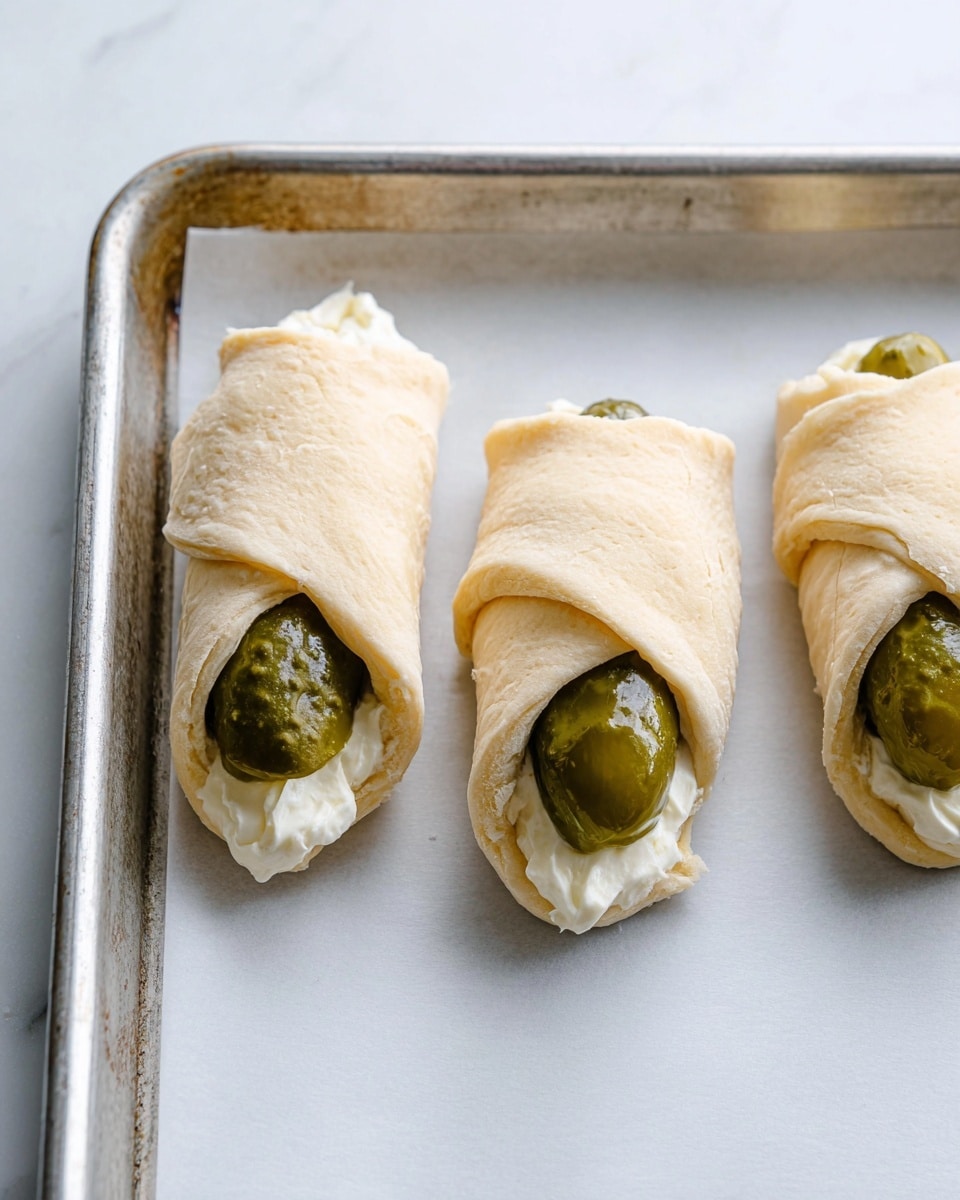 The image shows three small dough rolls placed on white parchment paper on a metal baking tray. Each roll is wrapped around a small whole green pickle. Inside the dough and around the pickle, a white creamy filling is visible. The dough is light beige with a soft and slightly flaky texture, and it is wrapped in an uneven way, showing some loose edges. The top and bottom parts of the pickles are visible outside the dough wrapping. The background features a white marbled surface. photo taken with an iphone --ar 4:5 --v 7