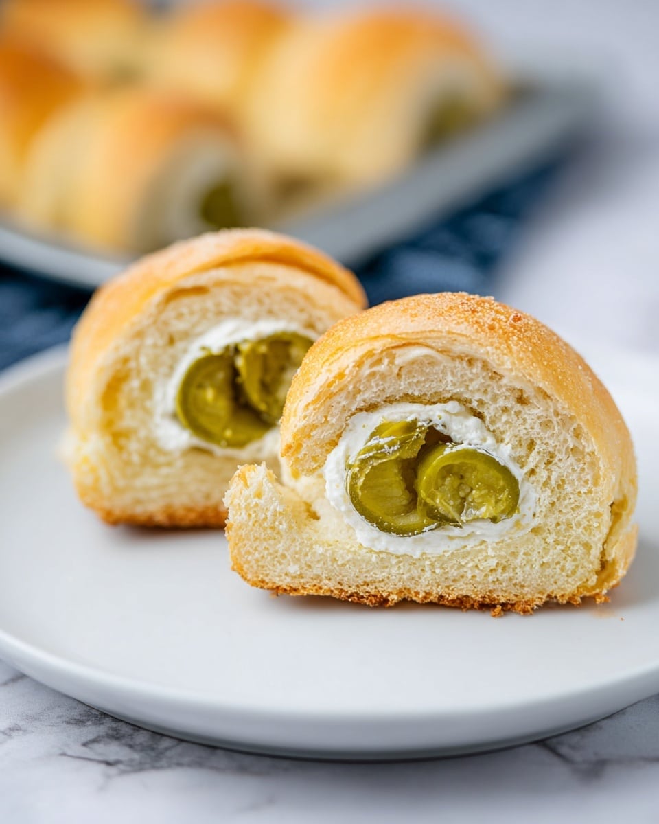 The image shows two small baked rolls placed on a white plate with a white marbled texture surface visible in the background. Each roll is cut in half, revealing a thick single layer of green pickle in the center, surrounded by a white creamy spread, all enclosed within a soft, light golden brown bread with a fluffy texture. In the blurred background, more of these rolls can be seen, arranged on a baking tray. photo taken with an iphone --ar 4:5 --v 7