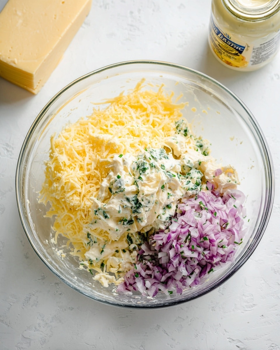 A clear glass bowl on a white marbled surface holds a mix of ingredients in three main sections: shredded light yellow cheese on the left, a creamy white mixture with small green herb pieces in the middle, and finely chopped purple onions on the right. Behind the bowl, there is a jar of mayonnaise and a light yellow block of cheese. The scene is bright and clear, showing the texture and colors of the ingredients distinctly photo taken with an iphone --ar 4:5 --v 7
