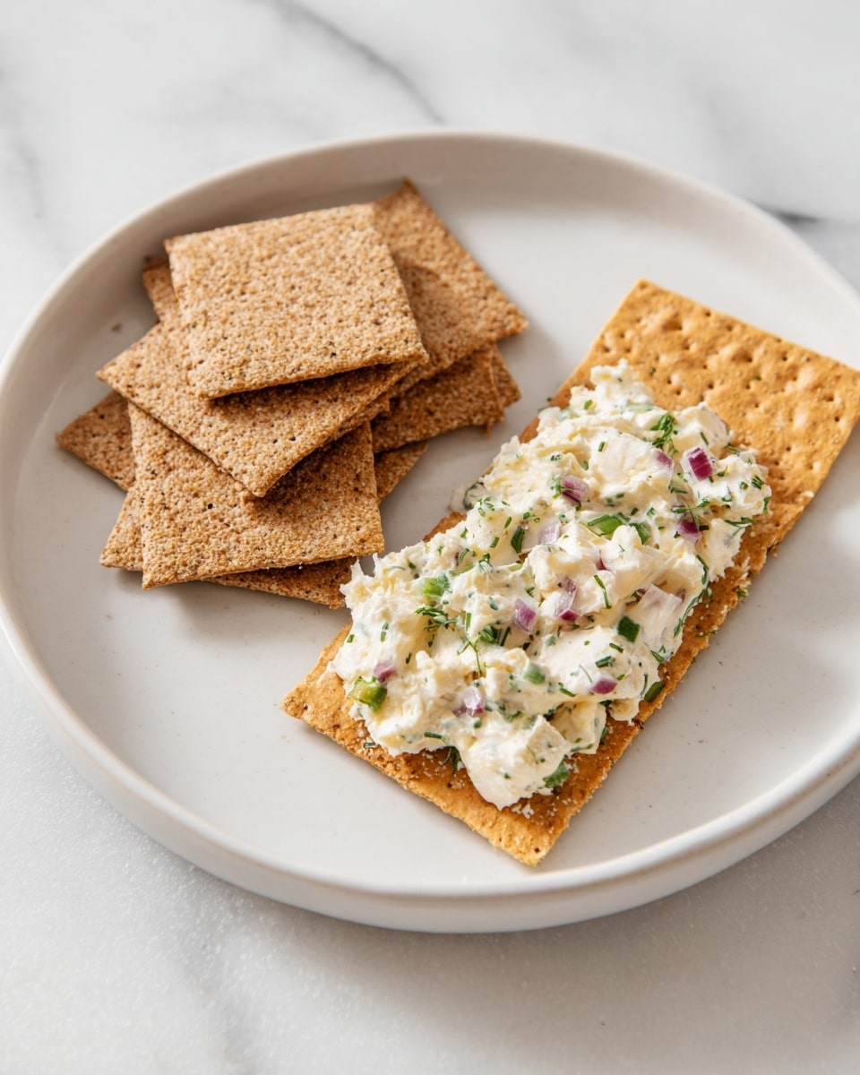 A white plate on a white marbled surface holds two types of crackers arranged in a small stack. On the left, there are five square, light brown whole grain crackers with a rough texture. On the right, there are two larger rectangular wheat crackers, rough and toasted, with a light golden brown color. On top of one wheat cracker, there is a spread of creamy white cheese mixed with finely chopped green herbs and small bits of purple and red ingredients, giving it a slightly chunky texture. photo taken with an iphone --ar 4:5 --v 7
