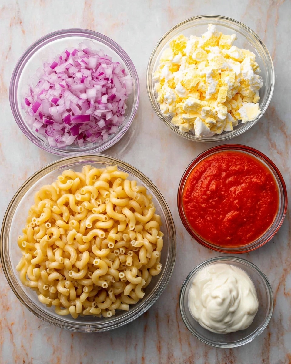 Five clear glass bowls are set on a white marbled surface. The largest bowl at the bottom center holds cooked elbow macaroni, light brown with a smooth texture. To the right is a medium bowl filled with finely chopped boiled eggs, showing a mix of white and yellow pieces. Above center is a smaller bowl with bright red tomato sauce, smooth and glossy. To the left, a bowl contains chopped red onions, purplish and finely shredded. The last bowl at the top left holds thick white mayonnaise, soft and creamy. Photo taken with an iphone --ar 4:5 --v 7