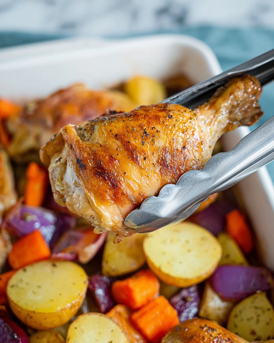 A close-up view of a metal tong lifting one golden brown, crispy chicken piece with a slightly shiny surface, showing light pepper seasoning and a browned edge. Underneath, a mix of roasted vegetables layers the white baking dish, including light golden baby potatoes, soft orange carrot chunks, and pale purple onion pieces with smooth and slightly roasted textures. The white baking dish contains multiple chicken pieces and vegetables, all resting on a white marbled surface. Photo taken with an iphone --ar 4:5 --v 7