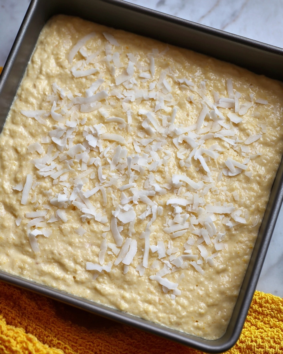 The image shows a close-up of a baking pan filled with a thick, pale yellow batter that has a slightly uneven, creamy texture with small lumps. The top layer is sprinkled with white, shredded coconut flakes scattered unevenly across the surface. The baking pan is placed on a white marbled surface, and a textured yellow cloth is partially visible in the bottom corner. Photo taken with an iphone --ar 4:5 --v 7