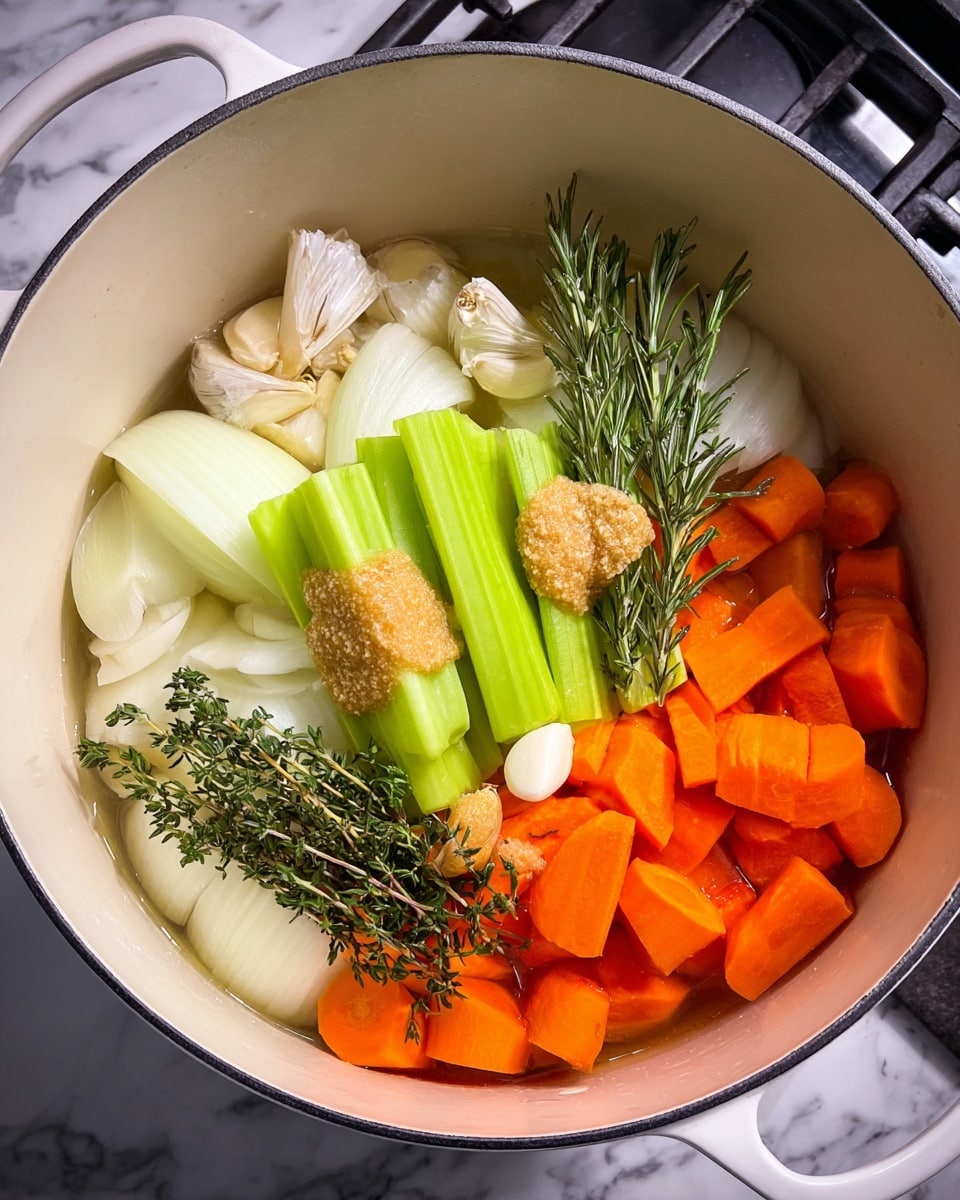 Inside a large white pot, there is a mix of fresh vegetables and herbs. The bottom layer has thick, bright orange chunks of carrot grouped on one side. Next to the carrots are large pieces of white onion. Over the onions, some green celery sticks are placed, some topped with dollops of a brownish-yellow paste. Around the vegetables, whole peeled garlic cloves are scattered. Sprigs of fresh green rosemary and thyme rest on top, adding texture and color contrast. The pot sits on a stove with a white marbled surface visible around it. photo taken with an iphone --ar 4:5 --v 7