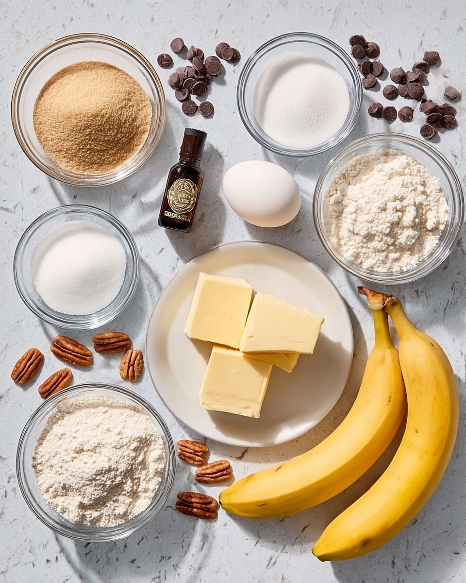 The image shows a flat lay of baking ingredients arranged neatly on a white marbled surface. There are two yellow bananas placed near the center-right, alongside a white egg. To the left, there is a clear glass bowl filled with light brown sugar, another clear bowl with white granulated sugar, a small bowl of white salt, and a bowl of white flour. A white plate holds several square slices of pale yellow butter. Scattered nearby are some brown pecan nuts and a small bottle of dark brown vanilla extract. A few chocolate chips are placed near the top left, and a small pile of white powder, likely baking powder, is also visible. Photo taken with an iphone --ar 4:5 --v 7