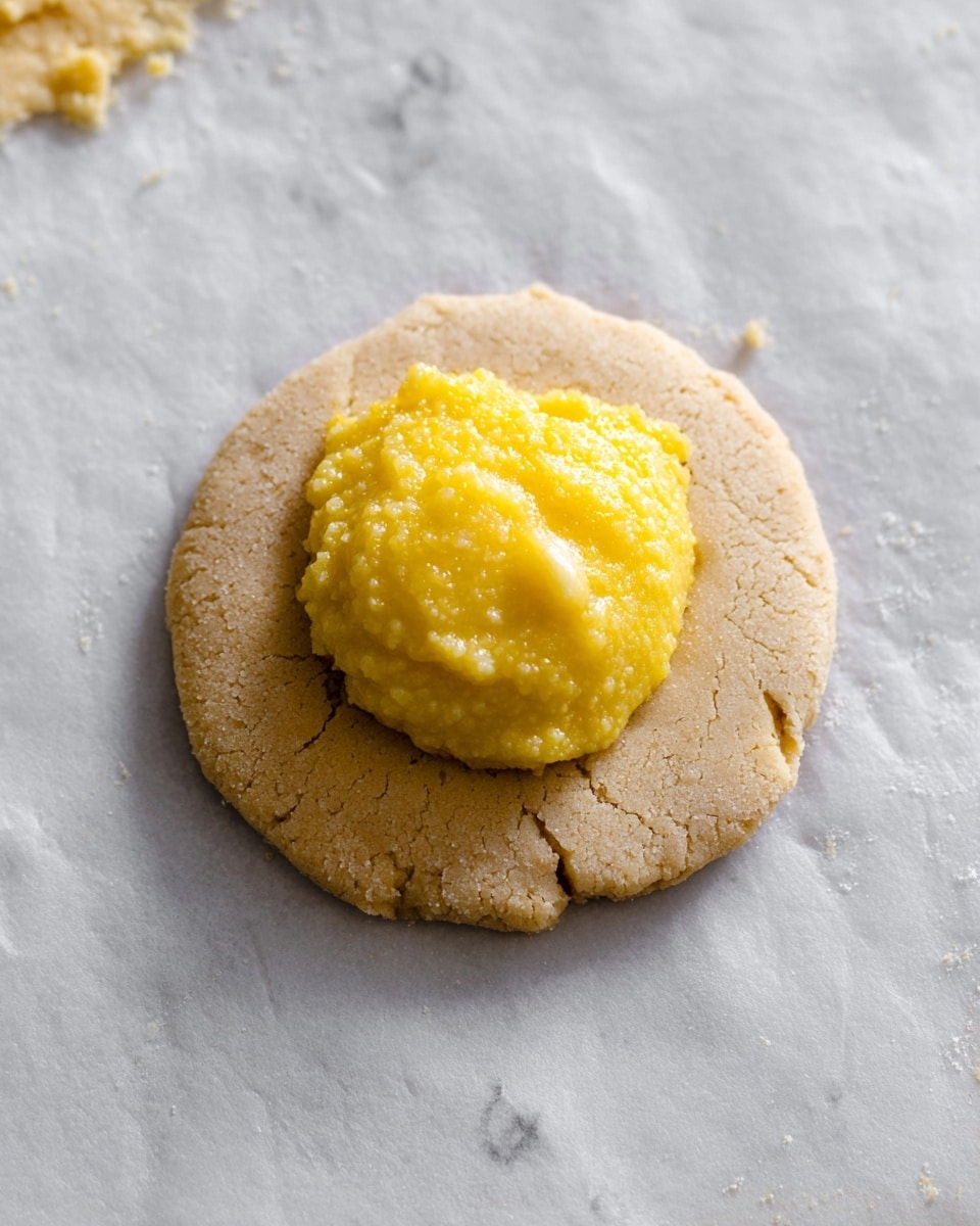 The image shows a small round dough disk with a rough, slightly cracked light brown surface placed on a sheet of white marbled texture. On top of the dough is a dollop of bright yellow, grainy filling that is thicker in the center and unevenly shaped, giving it a textured look. The dough forms the base layer while the yellow filling is the second layer, centered on the dough disk. Photo taken with an iphone --ar 4:5 --v 7