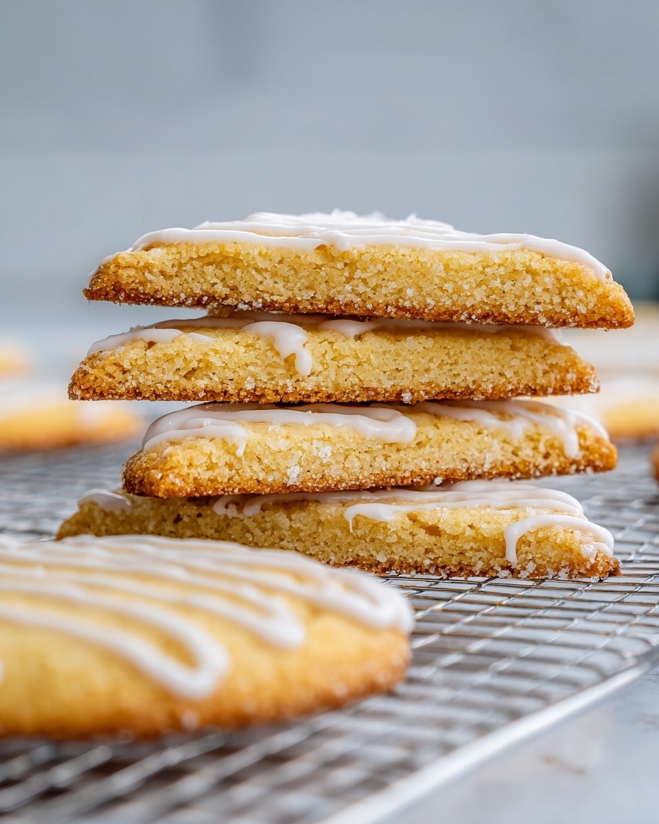 The image shows a stack of four golden-brown cookies on a white cooling rack placed on a white marbled surface. Each cookie has a smooth but slightly crumbly texture with a thin layer of white icing drizzled unevenly across the top. The cookies are triangular and stacked one on top of the other, showing their thickness and soft interior. In the foreground, there is a single round cookie laid flat, also decorated with white icing in a zigzag pattern. The background is softly blurred to keep the focus on the cookies. Photo taken with an iphone --ar 4:5 --v 7