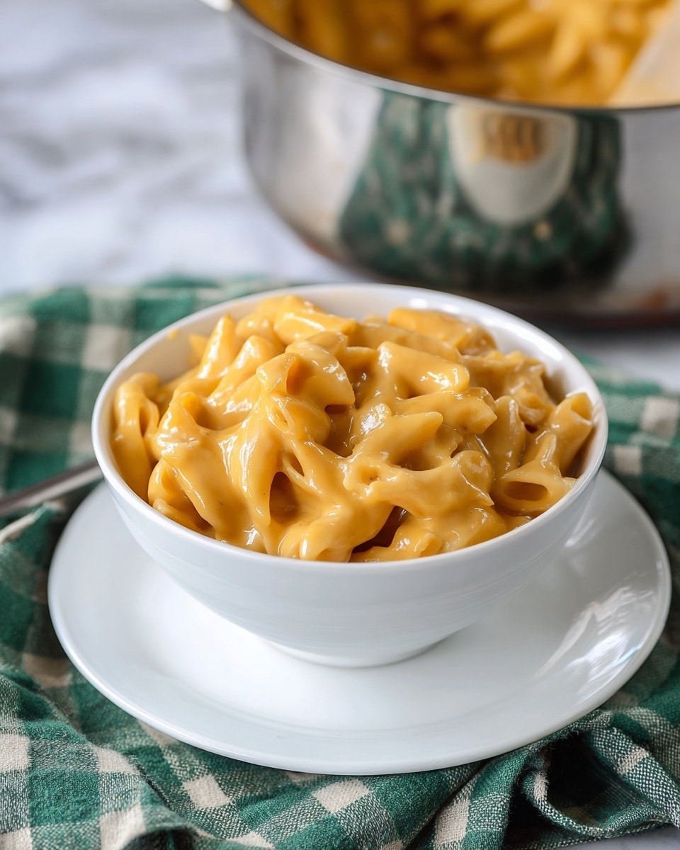 A white bowl filled with creamy orange macaroni and cheese, showing thick pasta pieces coated in smooth, rich sauce. The bowl sits on a matching white saucer on top of a green and white checkered cloth. In the background, a metal pot holds more of the same macaroni and cheese, slightly out of focus. The setting is on a white marbled surface. photo taken with an iphone --ar 4:5 --v 7