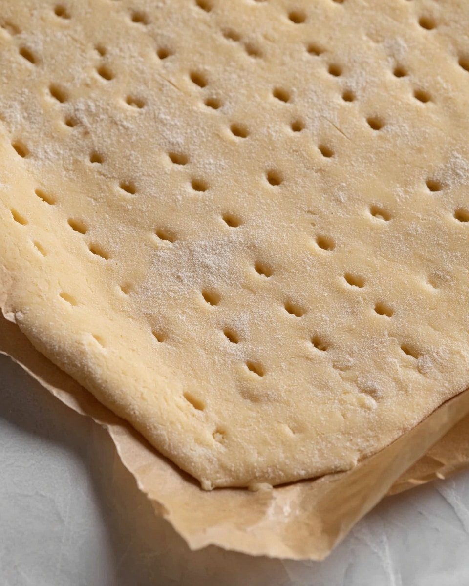 A close-up view of a single flat layer of light beige dough resting on slightly crumpled brown parchment paper. The dough is rectangular with neat edges and is covered with small, evenly spaced holes created by a fork or similar tool. The surface has a slightly rough texture with visible flour dusting, and the dough appears soft and pliable. The background is a white marbled texture. photo taken with an iphone --ar 4:5 --v 7