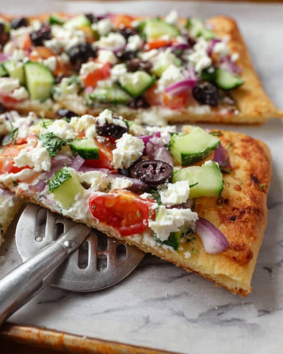 The image shows a rectangular slice of flatbread pizza with a golden-brown crust on a white marbled surface covered with parchment paper. The flatbread has three main layers: a base of crispy crust, topped with a mix of fresh chopped cucumbers, tomatoes, black olives, and red onion pieces, all covered with crumbly white cheese spread evenly on top. A metal spatula with round holes is sliding under the pizza slice, ready to lift it. photo taken with an iphone --ar 4:5 --v 7