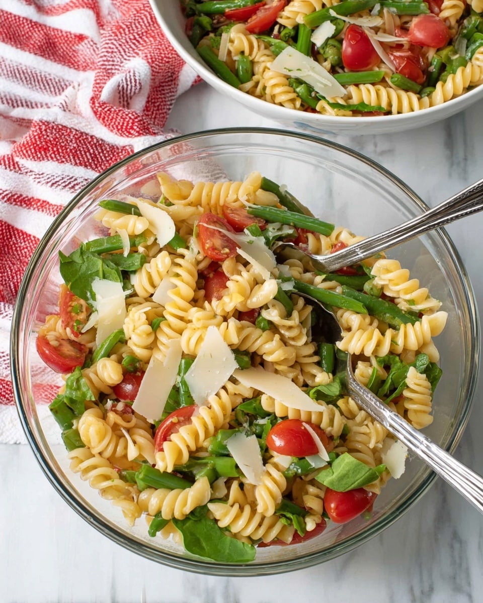 A clear glass bowl filled with a colorful pasta salad sits on a white marbled surface. The salad has light yellow rotini pasta as the main layer, mixed with bright green chopped beans, pieces of red tomatoes, leafy green lettuce, and thin white slices of cheese scattered throughout. A set of silver tongs rests inside the bowl, partially submerged in the pasta mix. Behind the glass bowl, a white bowl also holds the same pasta salad with visible chunks of tomato, green beans, and cheese on top. A red and white striped cloth is seen on the top left corner of the image. Photo taken with an iphone --ar 4:5 --v 7