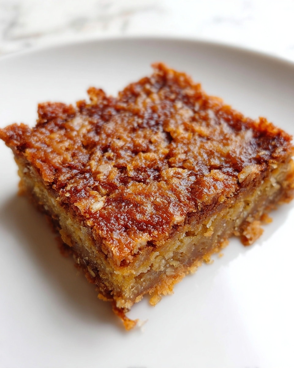 A single square piece of a brown dessert bar sits on a white plate, showing two layers: a golden-brown crispy top layer with a rough, textured surface and a slightly lighter, dense bottom layer with small bits visible inside. The edges are slightly crisp and the piece has a homemade, rustic look. The background is a white marbled texture. photo taken with an iphone --ar 4:5 --v 7