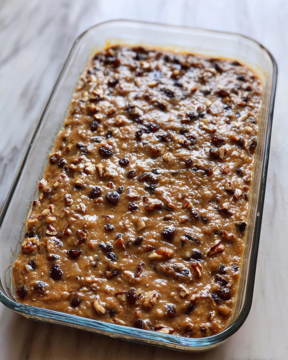 A clear rectangular glass dish filled with one thick layer of light brown batter mixed with small dark brown raisins and nuts evenly spread on top, creating a textured surface with some shiny spots reflecting light, all resting on a white marbled surface photo taken with an iphone --ar 4:5 --v 7