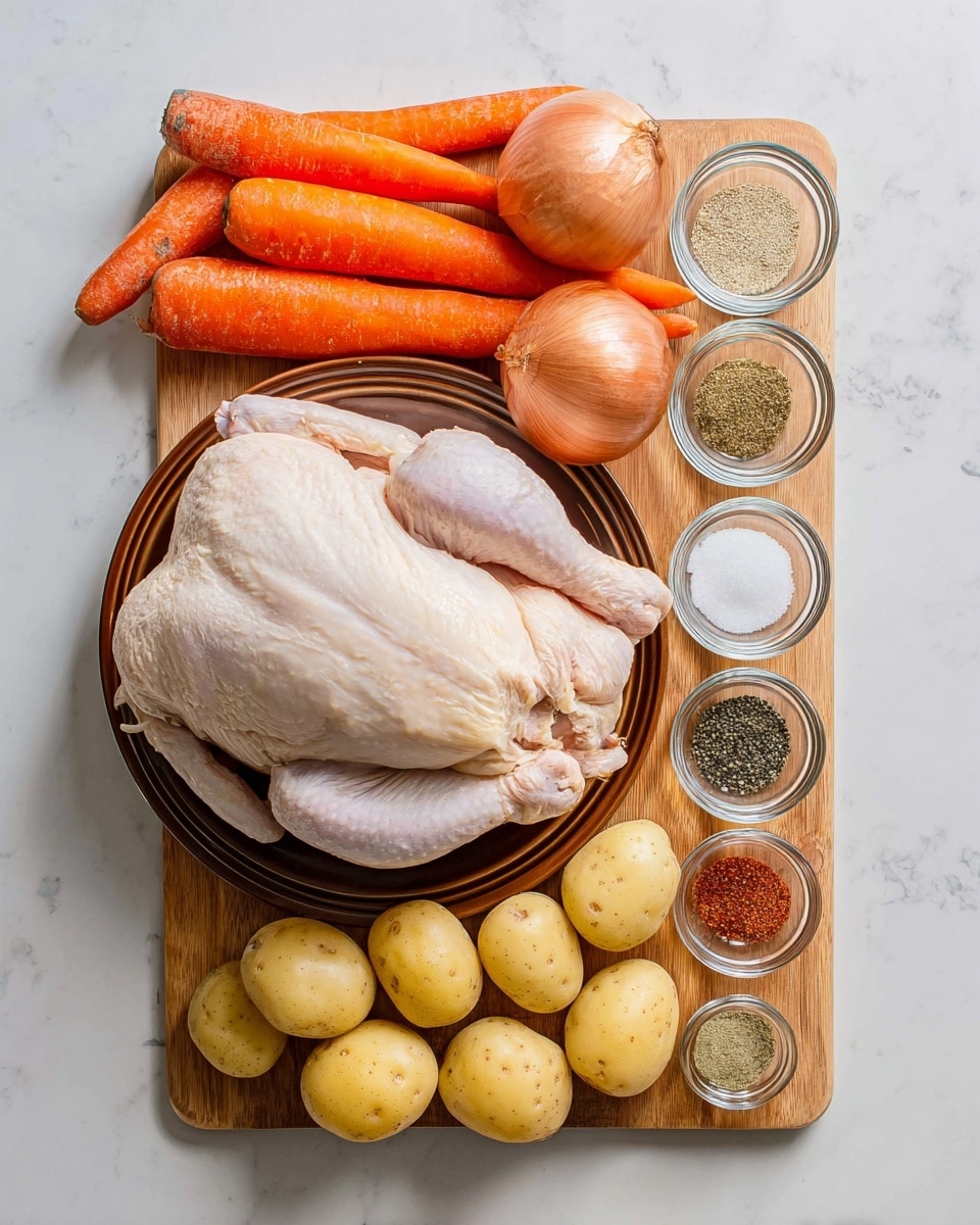 A whole raw chicken with pale skin is placed on a round brown plate in the lower left part of a wooden cutting board. To the left of the chicken, there are three large bright orange carrots and one large brown onion. To the right of the chicken, there is a pile of small light yellow potatoes. At the upper right corner of the cutting board, six small glass bowls are arranged in two rows, each bowl filled with different spices and seasonings in shades of white, green, black, red, and beige. The cutting board rests on a white marbled surface. Photo taken with an iphone --ar 4:5 --v 7