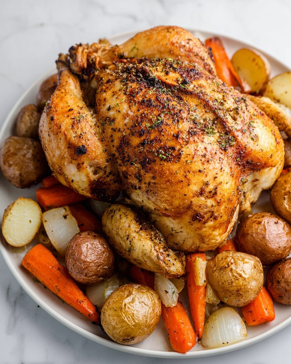 A golden-brown roasted whole chicken sits in the center of a white plate, its skin crispy and seasoned with black pepper and herbs. Surrounding the chicken are small round roasted potatoes, some with wrinkled skin, mixed with chunks of bright orange carrots and white onion pieces, all with a slight roasted sheen. The chicken wings are tucked in close, and the dish is set on a white marbled texture background. photo taken with an iphone --ar 4:5 --v 7