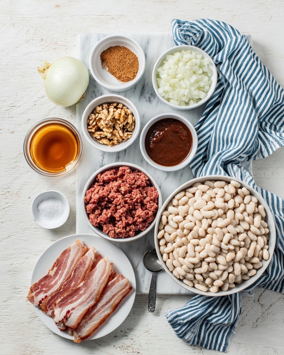 A top view of several ingredients arranged neatly on a white marbled surface; a large white bowl filled with white beans sits on the right side next to a blue and white striped cloth; above it are small white bowls containing chopped white onions, brown sugar, minced garlic, and a dark red-brown sauce; to the left is ground meat in a white bowl and slices of raw bacon laid out on a white plate below it; a small measuring spoon with salt and a small white bowl of amber liquid complete the layout, all bright and clear. photo taken with an iphone --ar 4:5 --v 7
