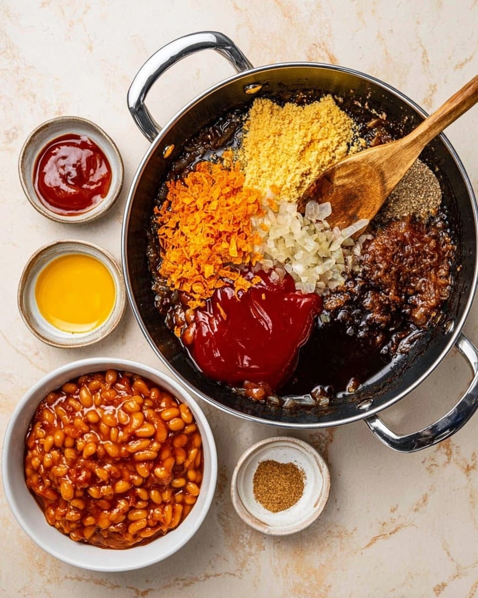 A large round black pan with silver handles on a white marbled surface holds many colorful ingredients waiting to be mixed, including yellow mustard, red ketchup, brown sugar, chopped onions, black sauce, and a wooden spoon resting inside; next to the pan are two small white bowls, one filled with baked beans in orange sauce and the other with crispy orange flakes. photo taken with an iphone --ar 4:5 --v 7