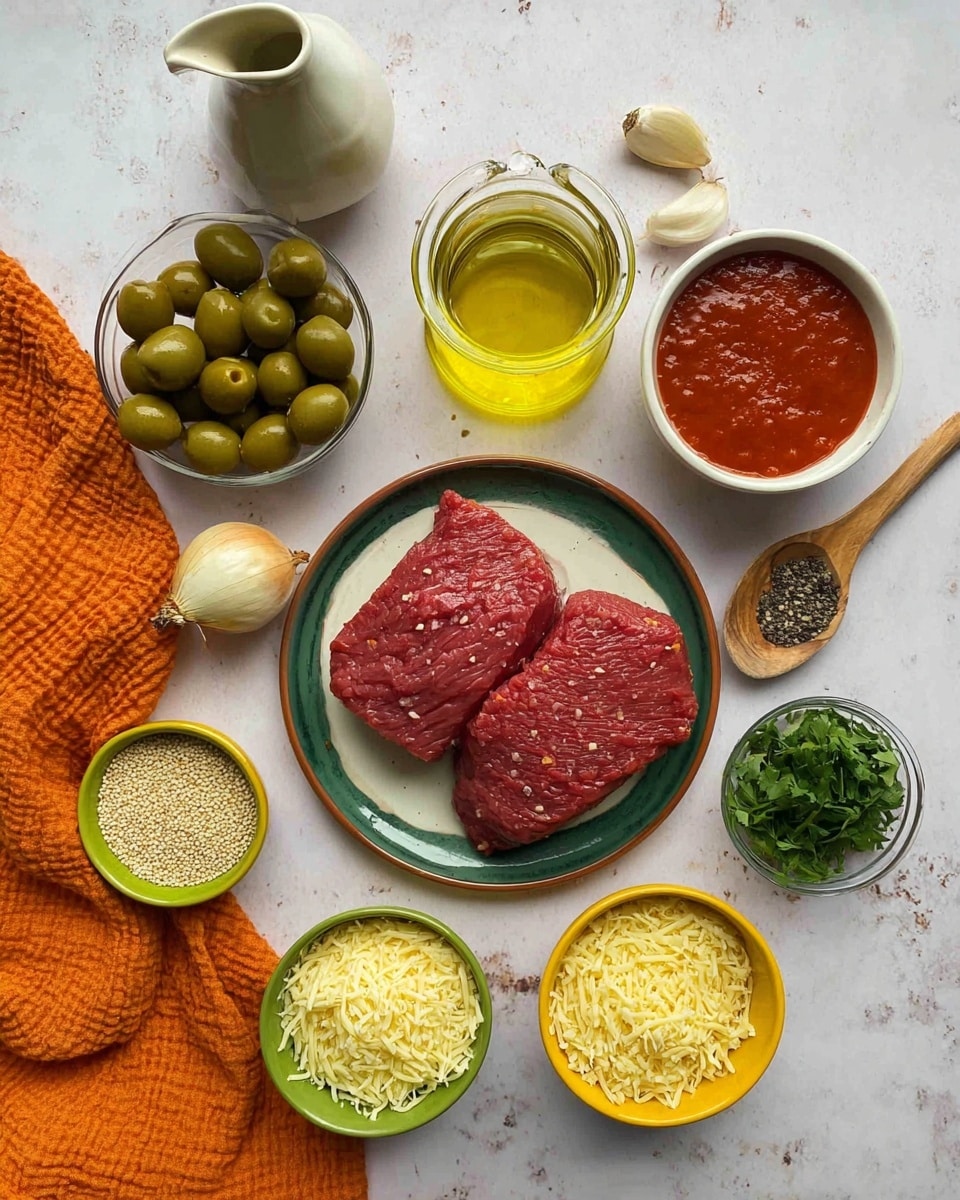 In the center, two pieces of raw red meat with a smooth texture sit on a white plate with a green inner surface and a brown rim. Surrounding it are several bowls and items on a white marbled surface: at the top right, a white bowl filled with thick red sauce; next to it, a clear glass bottle with yellow olive oil; just below, a small white bowl filled with fresh green leafy herbs; at the bottom, two yellow bowls full of fine, pale yellow shredded cheese, with a small green bowl in between containing light tan breadcrumbs. On the left side, a clear bowl holds green olives, placed over a bright orange textured cloth, beside which are two wooden spoons—one with white salt crystals and the other with black cracked pepper—and a single peeled garlic clove. At the top left, a small white pitcher with a handle and a whole unpeeled white onion balance the composition. Photo taken with an iphone --ar 4:5 --v 7