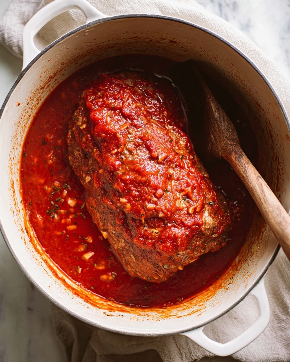 Inside a white deep pot, there is a large meat roll covered with thick red tomato sauce that has small bits of onions and herbs. The sauce surrounds the meat roll almost halfway up its sides, and the meat has a browned texture with some lines on its surface. A wooden spoon with some sauce on it rests inside the pot near the meat. The pot is placed on a white marbled surface with a soft cloth nearby. photo taken with an iphone --ar 4:5 --v 7