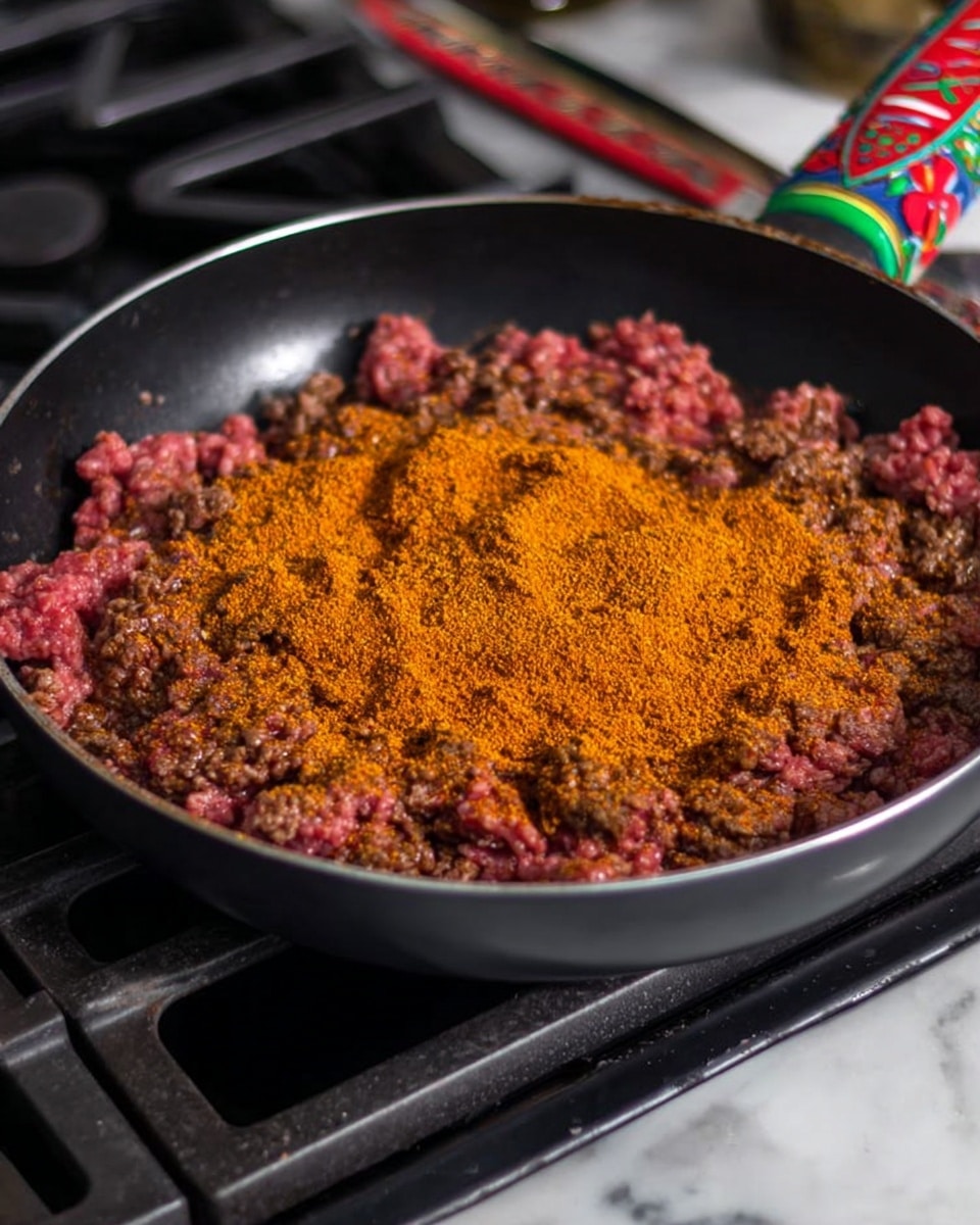 A black frying pan filled with raw ground meat that is partially cooked, showing a mix of red and brown colors. The meat is topped with a generous layer of bright orange-brown spice powder evenly spread over the surface. The pan is placed on a gas stove with black grates, and a colorful utensil with red and green patterns is partially visible on the white marbled surface beside the stove. photo taken with an iphone --ar 4:5 --v 7