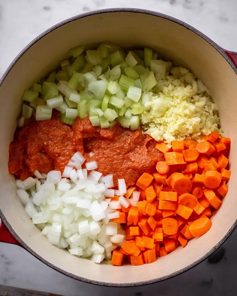 Inside a large white pot on a white marbled surface, there are five layers of ingredients each placed in their own section around the pot. Starting at the top left and moving clockwise, there is a layer of chopped light green celery with a crunchy texture, next to that is a small pile of finely minced pale yellow garlic, followed by bright orange carrot cubes. Below the carrots, there is a thick reddish-orange paste of tomato, and finally, at the bottom left, a mound of white diced onions. The ingredients are fresh, colorful, and spaced out evenly, all ready to be cooked. photo taken with an iphone --ar 4:5 --v 7