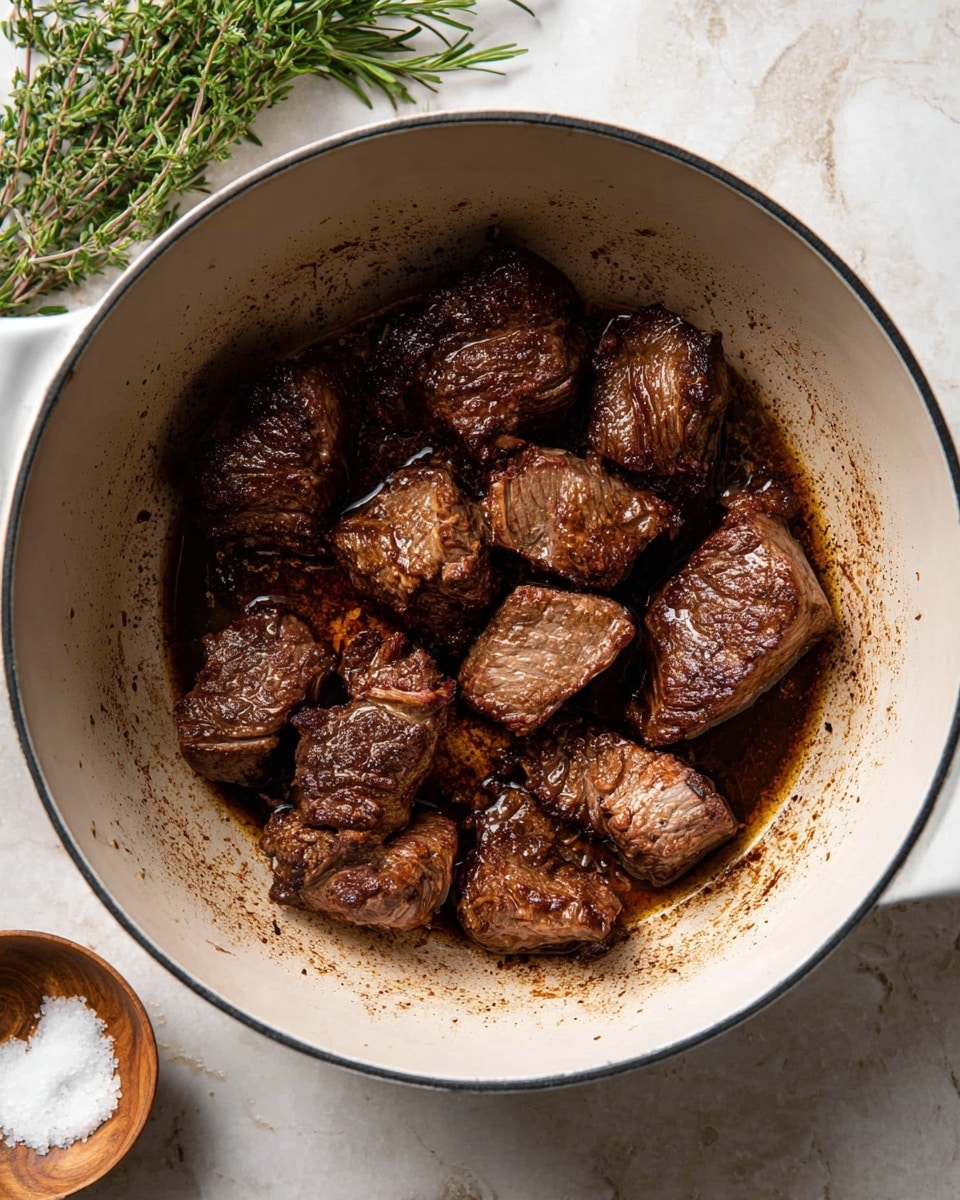 Inside a large white pot with dark edges, there are about ten pieces of browned meat, each piece showing a rich dark brown color with a slightly crispy texture on the outside. The meat pieces are unevenly shaped, some larger and others smaller, all placed on the bottom of the pot. The pot’s surface around the meat shows some dark browned spots and oil stains, indicating the meat was seared. There is a small wooden bowl with coarse white salt visible at the bottom left outside the pot. The background is a white marbled texture, and some green herbs, including rosemary and thyme, are placed above the pot. photo taken with an iphone --ar 4:5 --v 7