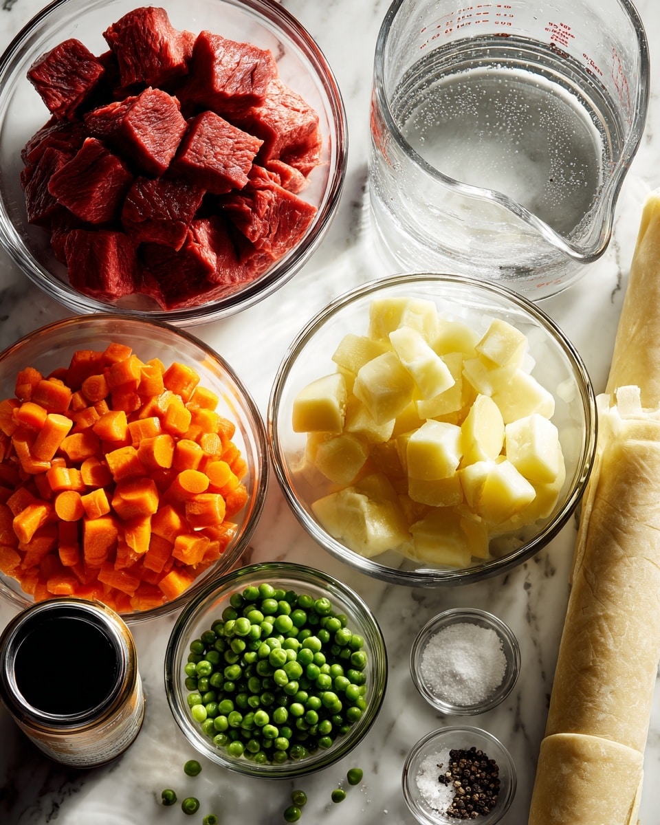 A white marbled surface holds several clear glass bowls and containers arranged in a loose cluster. The largest bowl on the left contains bright red cubed beef. Next to it is a smaller bowl filled with vibrant green peas. Below these are two medium clear bowls, one holding orange diced carrots and the other pale yellow diced potatoes. Small glass bowls in front contain white salt and coarse black pepper. Behind the vegetables, a clear glass measuring cup is filled with water. To the left, an open can with dark brown liquid is visible. On the right side, there are two rolled beige pastry sheets lying on the white marbled surface. The lighting is bright, giving a clean and fresh look. Photo taken with an iphone --ar 4:5 --v 7