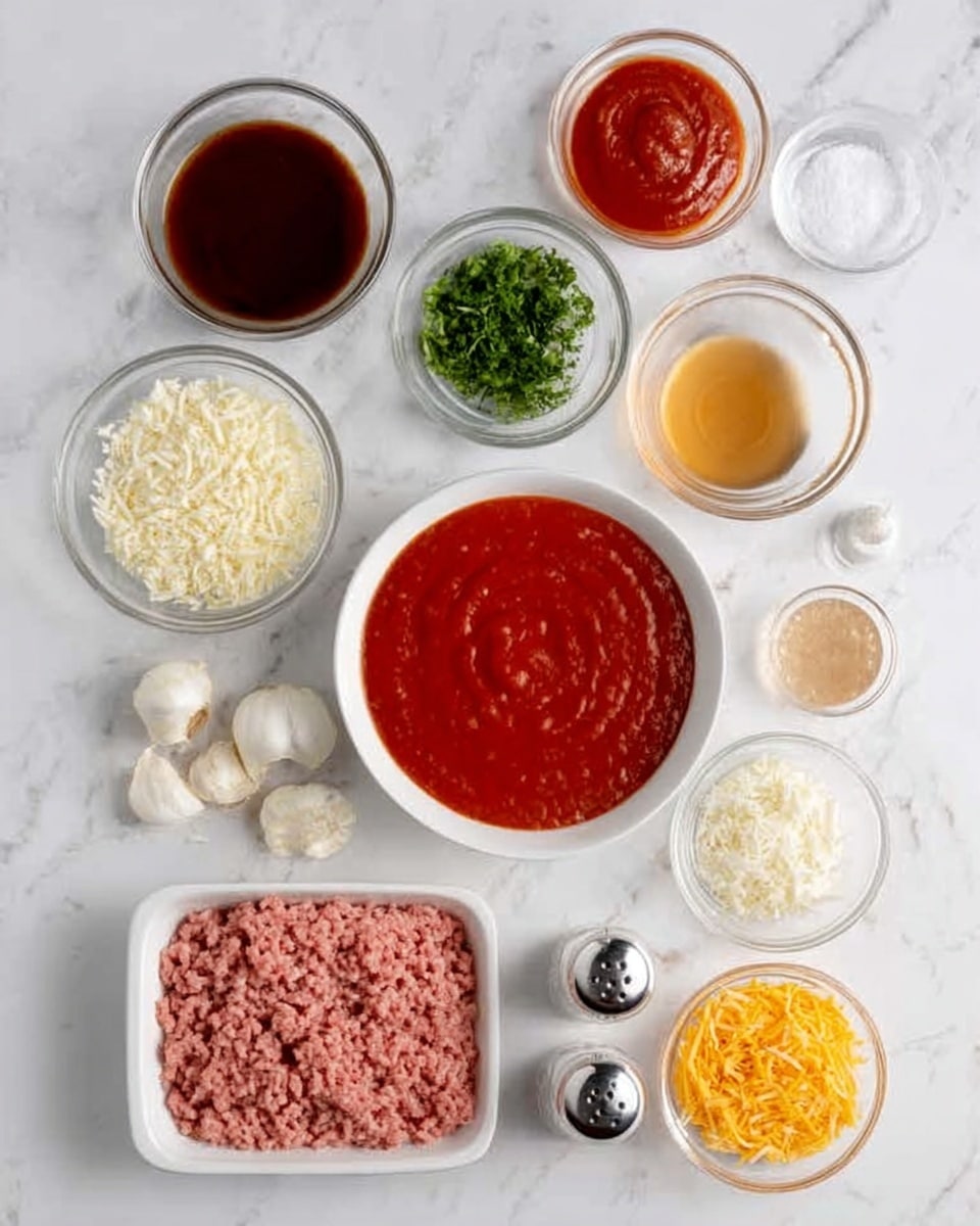 The image shows a white marbled surface with various clear glass bowls and white containers arranged neatly. Starting from the top left, there is a small glass bowl filled with a dark red sauce, next to a small clear bowl with green chopped herbs. Below it, a larger white bowl holds a smooth red sauce. Toward the middle, there are two small glass bowls with light brown liquid and a small pile of white granulated garlic. At the bottom left, a white container holds raw ground meat with a pink color. Alongside it are two peeled garlic cloves and a small white bowl with an orange shredded cheese. There are also small bowls with white and yellow liquids, a white container with red tomato paste, and two small salt and pepper shakers. The setup is neat, with all items clearly visible. photo taken with an iphone --ar 4:5 --v 7