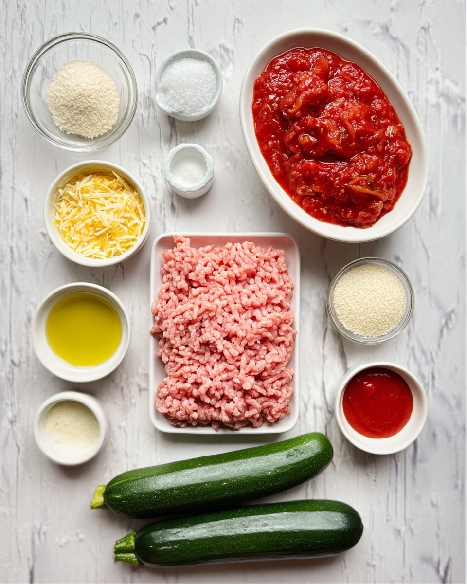 The image shows ingredients for cooking laid out neatly on a white marbled surface. At the center bottom is a tray filled with raw ground meat, light pink in color and textured. To the left of the meat are a small glass bowl of coarse salt and a small white bowl with yellow shredded cheese. Above these is another small white bowl filled with dry white breadcrumbs. On the right side of the meat, there is a small white bowl of olive oil, a small pinch of white powdered seasoning, and a small white bowl containing red tomato sauce. Above these bowls are two whole dark green zucchinis lying parallel to each other. At the top center, there is a white oval bowl filled with a red, chunky tomato mixture. A woman's hand is not visible in this image. The arrangement is simple and clear. Photo taken with an iphone --ar 4:5 --v 7
