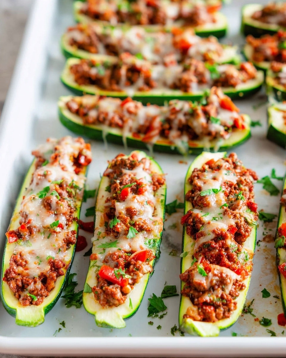 The image shows a white baking tray filled with about ten zucchini boats arranged in two slightly curved rows. Each boat is made from a halved zucchini with a smooth bright green skin and pale green inside, hollowed out to form a small boat shape. The boats are filled with a reddish-brown mixture of cooked ground meat and finely chopped red bell peppers, creating a textured topping with small chunks. A light layer of melted white cheese covers the filling unevenly, blending with the meat and peppers. Small bits of fresh green parsley are sprinkled over the boats, adding color contrast. The tray sits on a white marbled surface, and the focus is on the front row of zucchini boats with the background softly blurred. photo taken with an iphone --ar 4:5 --v 7