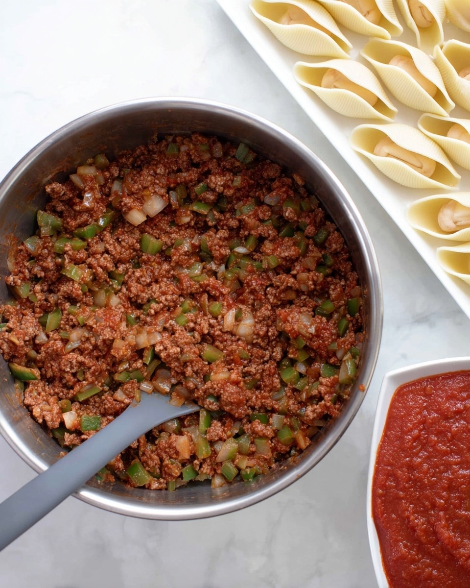 A top view of a large silver mixing bowl filled with a thick mixture of minced meat, small chopped green bell peppers, and translucent onion pieces cooked in tomato sauce, showing a rich brown and green color mix with bits of red sauce. A grey spoon rests inside the bowl. Next to the bowl, there is a white plate with uncooked large pasta shells piled on it. On the other side, there is a white rectangular dish partially filled with red tomato sauce spread evenly. All items sit on a white marbled surface. Photo taken with an iphone --ar 4:5 --v 7