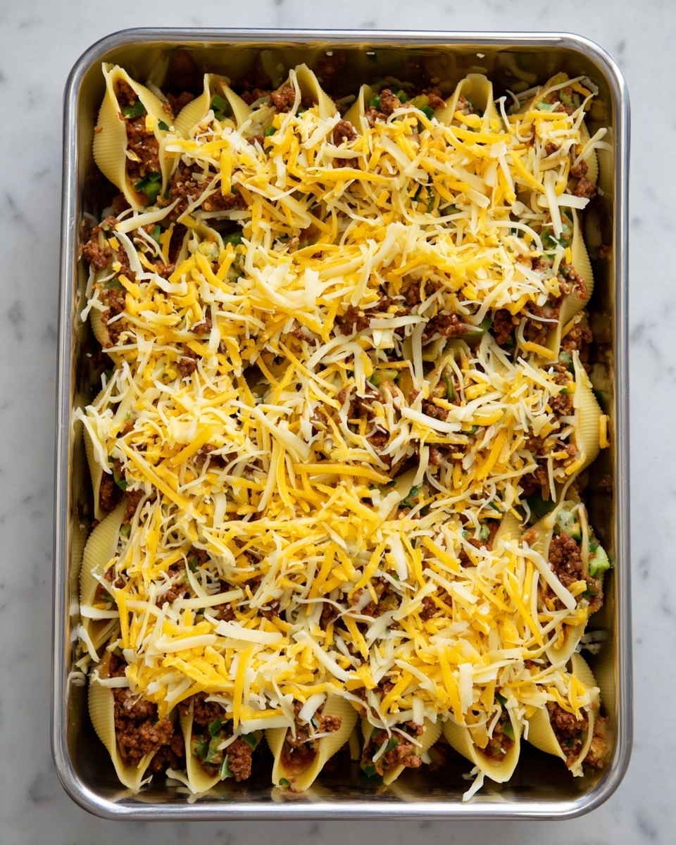 A metal baking pan filled with large pasta shells stuffed with a ground meat and vegetable mix, mostly brown and green in color, arranged in a single layer, and topped with a thick layer of shredded yellow and white cheese evenly spread over the shells. The pan sits on a white marbled surface. photo taken with an iphone --ar 4:5 --v 7