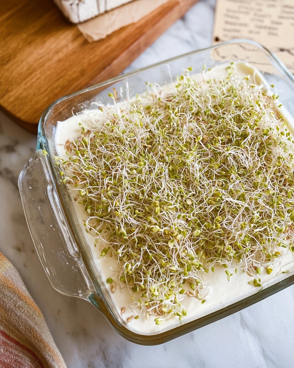 The image shows a square glass dish filled with a layered salad. The bottom layer is a smooth, creamy white base, topped with a thick layer of fresh alfalfa sprouts that fade from white stems to light green tips, covering the entire surface. The dish is placed on a white marbled surface, with a wooden cutting board and a handwritten recipe note partially visible in the top right corner. Photo taken with an iphone --ar 4:5 --v 7