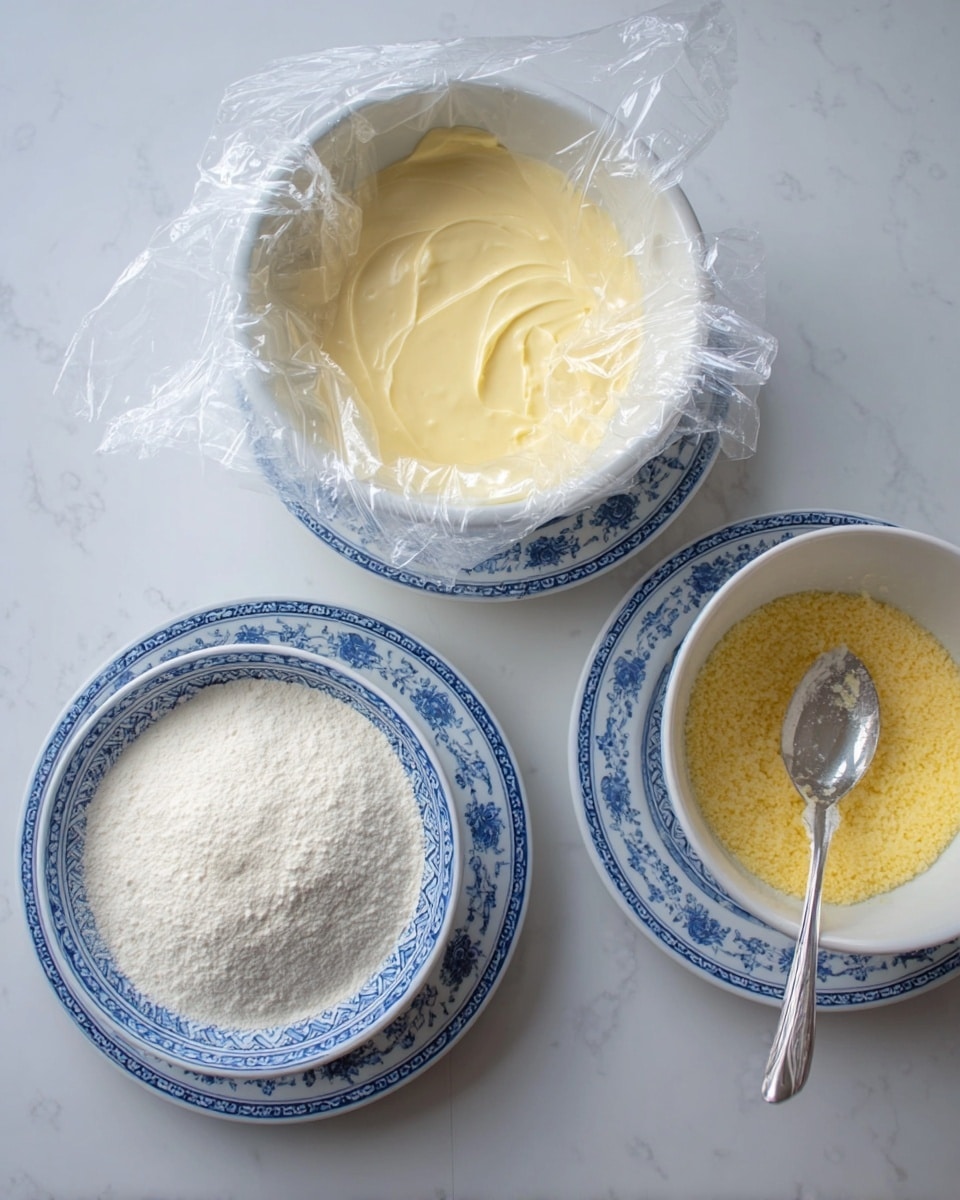 The image shows three white bowls with blue patterned saucers on a white marbled surface. The top left bowl is filled with a smooth pale yellow cream covered with a clear plastic wrap. The bottom left bowl contains a mound of fine white powder. On the right, the bowl holds a grainy yellow mixture with a silver spoon inside. Photo taken with an iphone --ar 4:5 --v 7