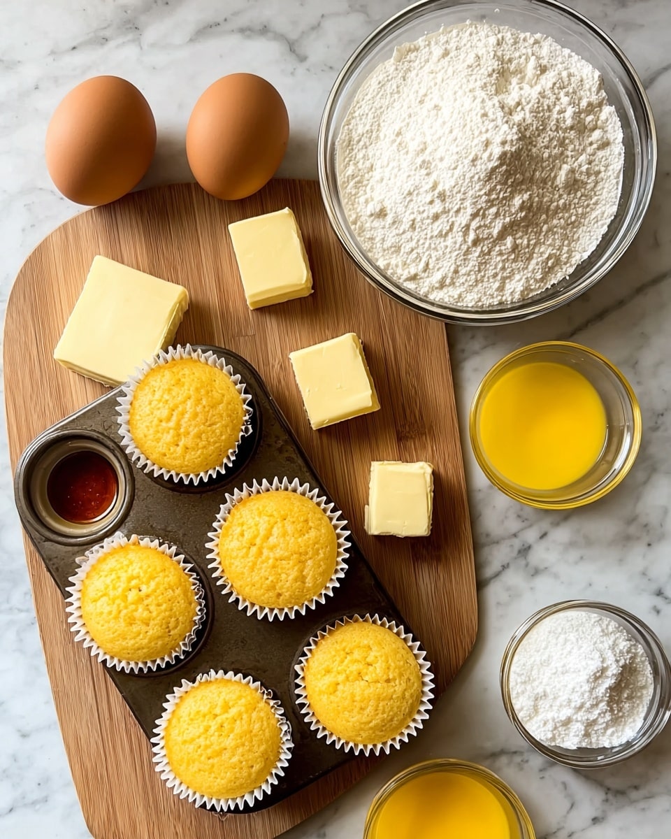 A baking tray with six golden-yellow muffins lined with white paper cups sits on a wooden board over a white marbled surface. The tray has two empty cup spaces filled with amber-colored liquid. Above the tray, a glass bowl filled with white flour is on the left, two brown eggs sit side by side near the center, with two small squares of pale yellow butter beneath them. On the right, two small clear glass bowls hold a bright yellow liquid and white powder. The photo taken with an iphone --ar 4:5 --v 7