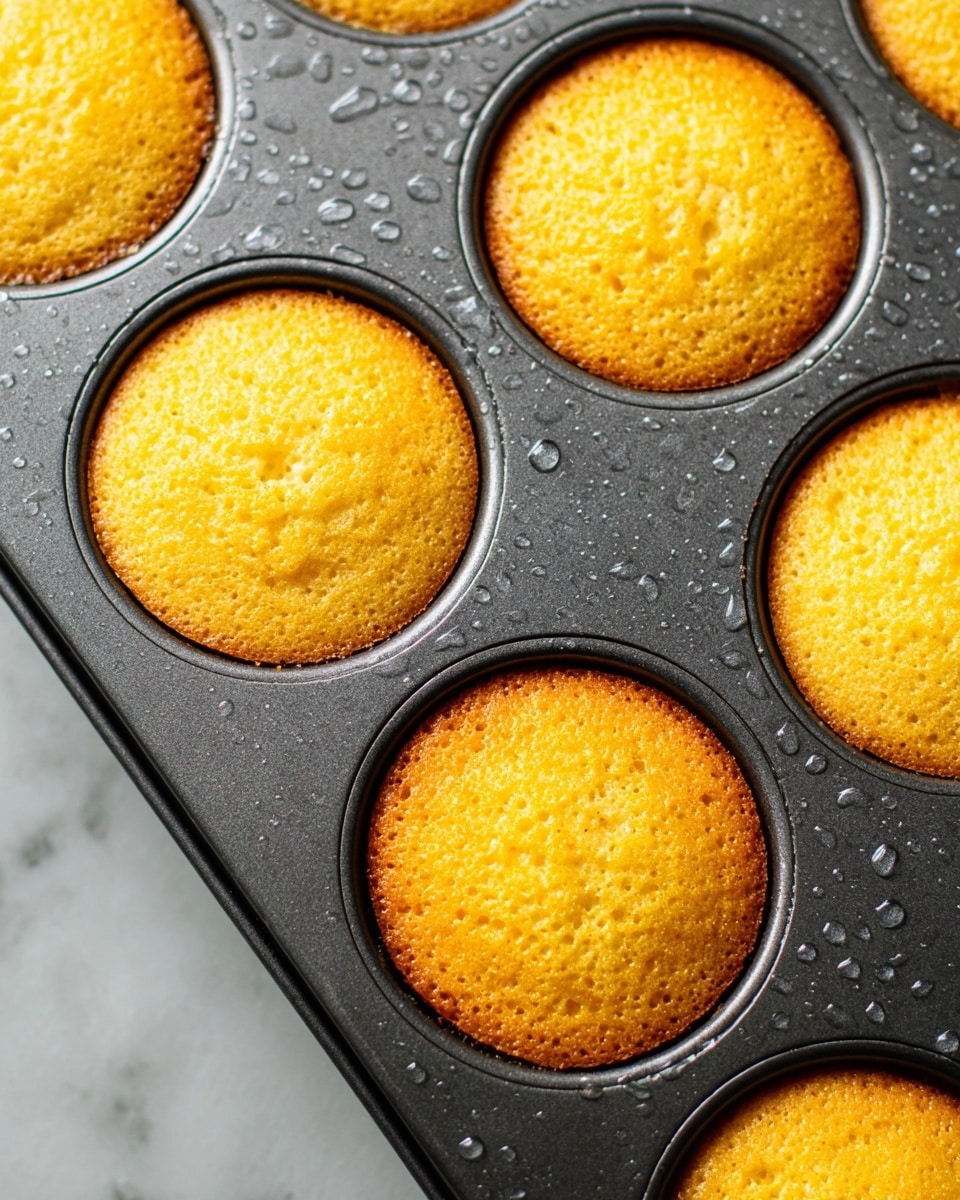 The image shows a close-up of six golden-yellow cupcakes baked in a dark gray muffin tray. Each cupcake has a light, slightly rough texture with a few tiny air bubbles on the surface. The edges of the cupcakes have a slightly darker brown color, showing they are lightly baked. The whole tray is covered with small drops of water, giving it a fresh, just-baked look. The dark tray is placed on a white marbled surface, making the bright cupcakes stand out clearly. Photo taken with an iphone --ar 4:5 --v 7