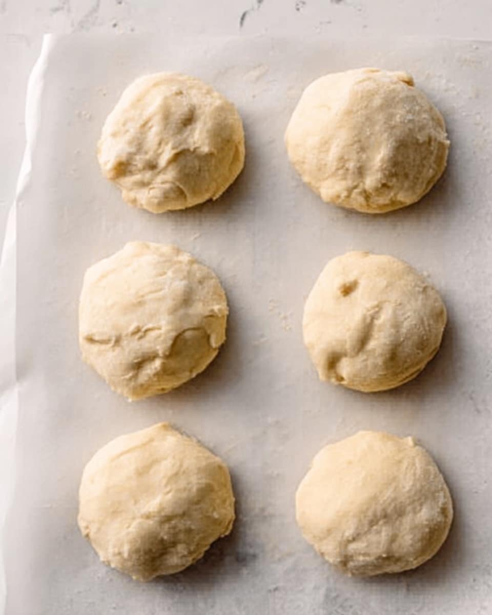 The image shows six small, round dough pieces with a slightly rough texture, arranged in two rows of three on a white marbled surface. Each dough piece looks puffy and soft, with uneven edges and a light beige color. The dough circles are placed on a sheet of translucent parchment paper, and the overall look suggests they are ready to be baked. Photo taken with an iphone --ar 4:5 --v 7