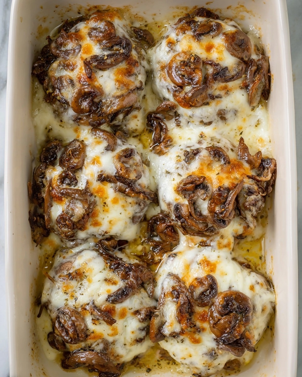 The image shows a white baking dish filled with six baked pieces of food, each topped with melted white cheese and golden-brown cooked mushrooms. Each piece has a visible base layer that looks soft and pale, covered by a thick layer of mushrooms that are dark brown with a slightly crispy texture. The mushrooms are clustered generously on top, soaking in melted cheese that is bubbly and slightly browned on spots. The white marbled surface beneath the dish adds to the clean and fresh look of the photo taken with an iphone --ar 4:5 --v 7