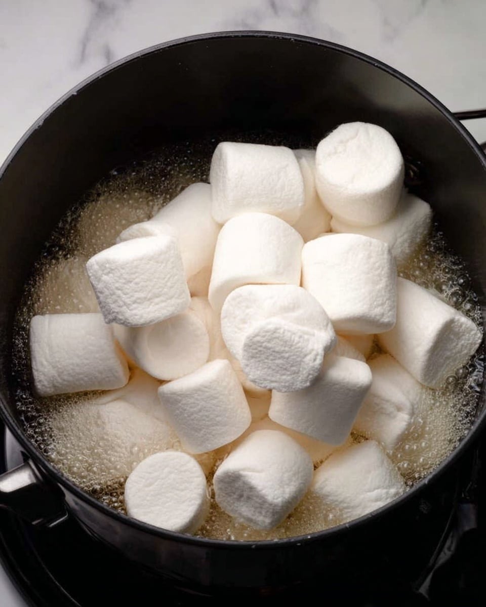 A black pot filled with a pile of white marshmallows stacked unevenly, some marshmallows softened and starting to melt in bubbling butter at the bottom. The pot is placed on a white marbled surface. Photo taken with an iphone --ar 4:5 --v 7