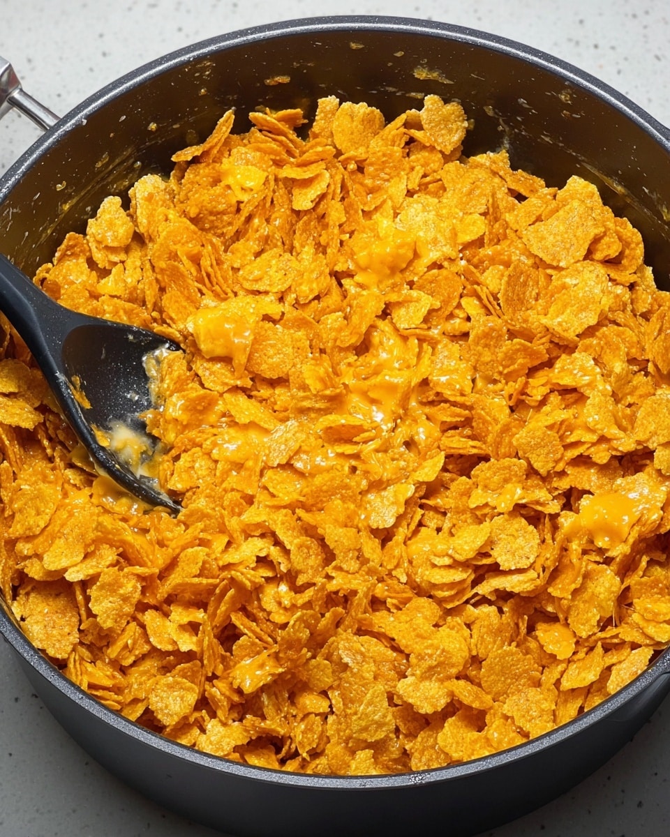 A close-up of a black cooking pot filled with a bright orange mixture of crushed cereal flakes and melted cheese. The pot is placed on a white marbled surface. The layers include a thick base of melted cheese that is sticky and shiny in the middle, surrounded and topped by crunchy cereal flakes that cover the entire surface and edges. A black cooking spoon is partially buried in the mixture on the left side, showing some flakes stuck along its edge. The overall look is rough and crumbly with a warm, golden-orange color. photo taken with an iphone --ar 4:5 --v 7